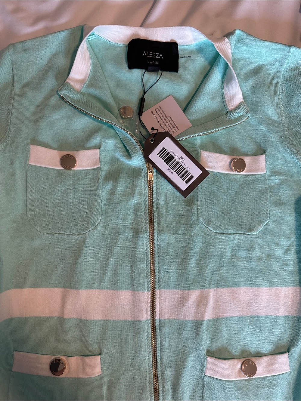Aleeza Paris NWT Jelly Mint Green L (fitted M) Zip Front  with White Trim - Picture 4 of 10